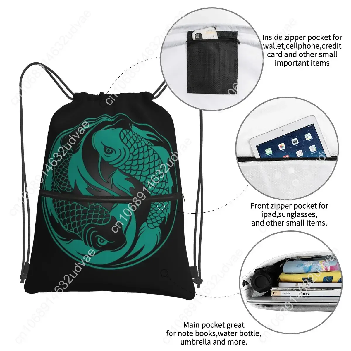 Teal Blue And Black Yin Yang Koi Fish Backpacks Drawstring Bag Drawstring Bundle Pocket Shoes Bags For Travel Sport Man Woman