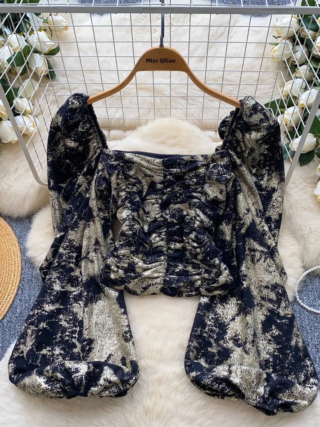 Blusa de Manga Abullonada con Hombros Descubiertos Estilo Retro para Mujer, Csa Hermosa y Deada de Estilo Coreano con Ma...