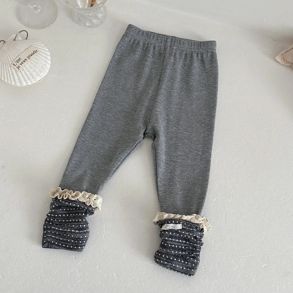 Herbstliche Mädchen-Strickstrumpfhose mit Spitzenrüschen, einfarbig, mit Baumwoll-Einsätzen, weiche, atmungsaktive Kinder-Leggings – Detail 7