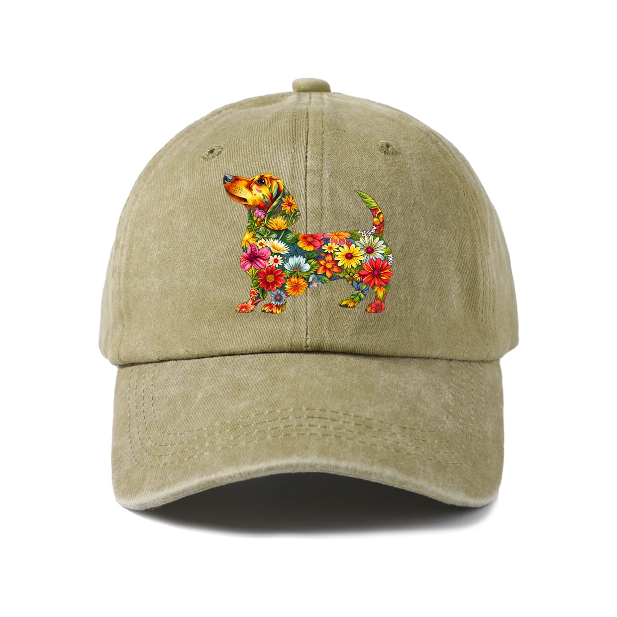 Vintage Washed Floral Dachshund Graphic Baseball Cap, Adjustable Unisex Dad Hat, Cute Dog Lover Gift