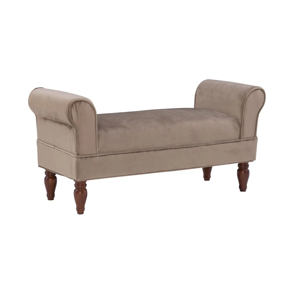 

Upholstered Bench Coffee Brown Indoor Seating Plush Cushion Rolled Sides Dark Mahogany Frame Living Room Bedroom Entryway