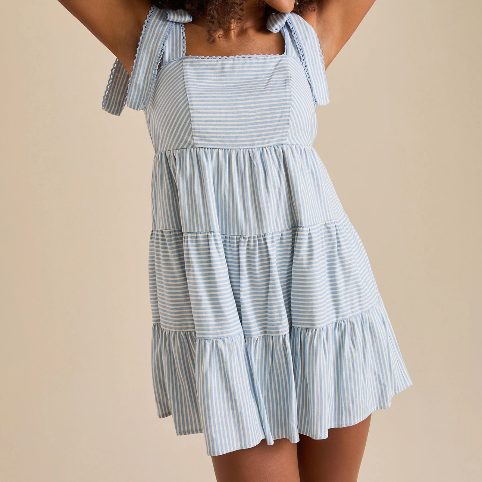 Summer Tie up Strap Striped Print A-Line Dress Beach Club Streetwear Women Sleeveless Mini Dress Casual Going Out Flowy Dress