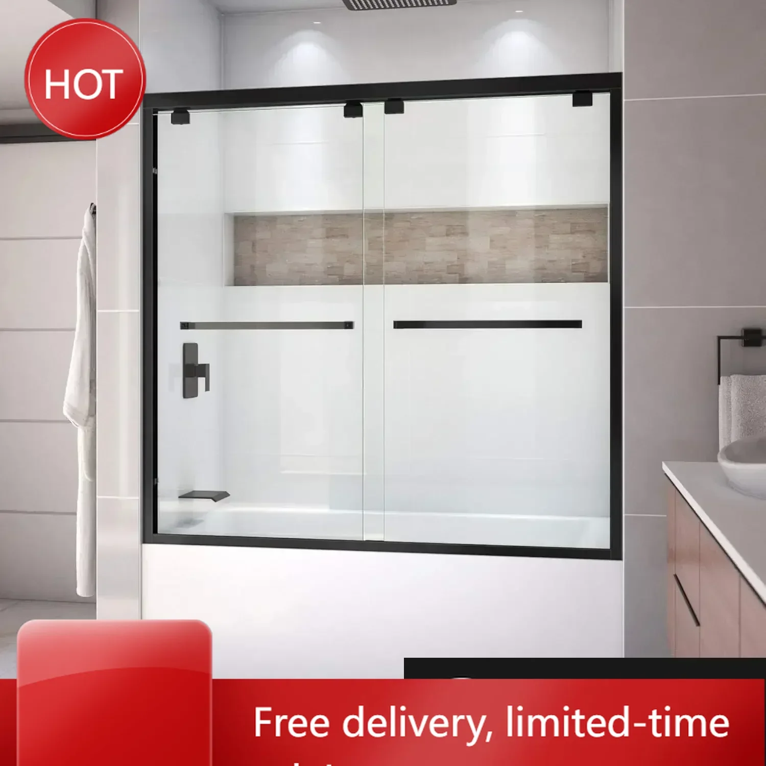 

Hot sales56-60 in. W x 58 in. H Semi-Frameless Bypass Tub Door in Satin Black, SHDR-1660580-09