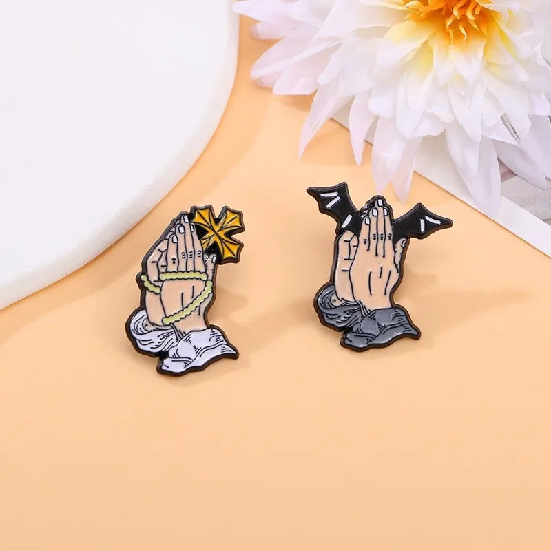 Cartoon Cross Brooches Folded Hands Demon Lapel Badges Enamel Creative Design Bag Clip Kids Gifts Clothing Pins Accessories 4Pcs