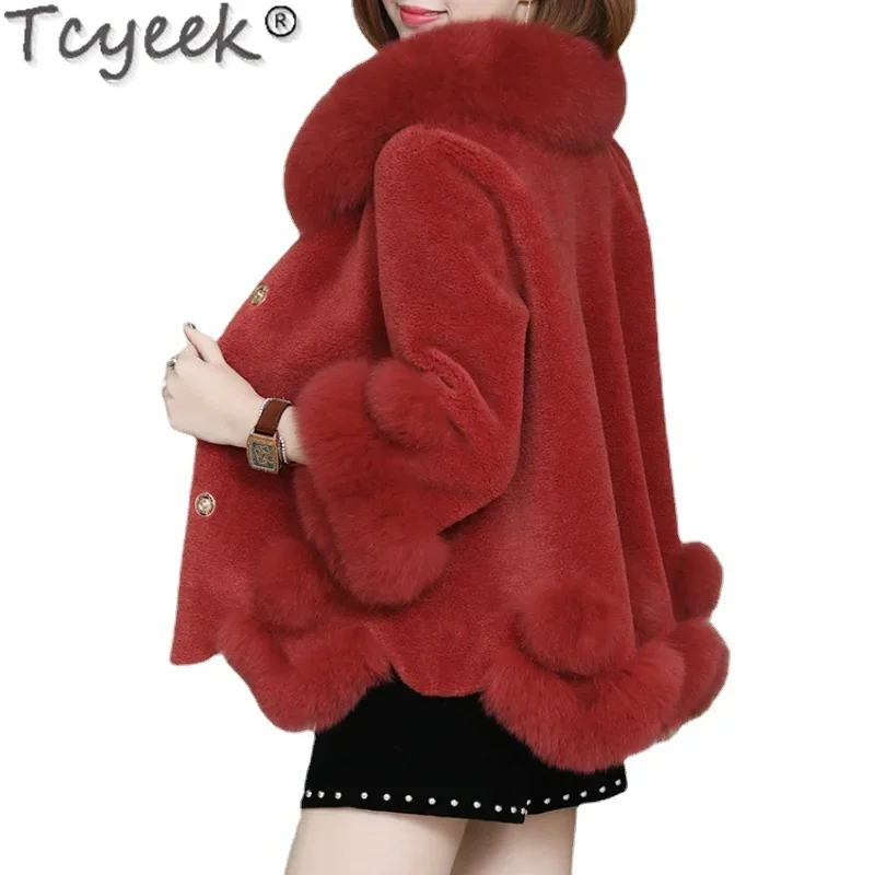 Tcyeek Granulated Sheep Shearling Coat Women Winter Fox Fur Collar Short Elegant Lady Outwear Casual Casacos De Inverno Feminino