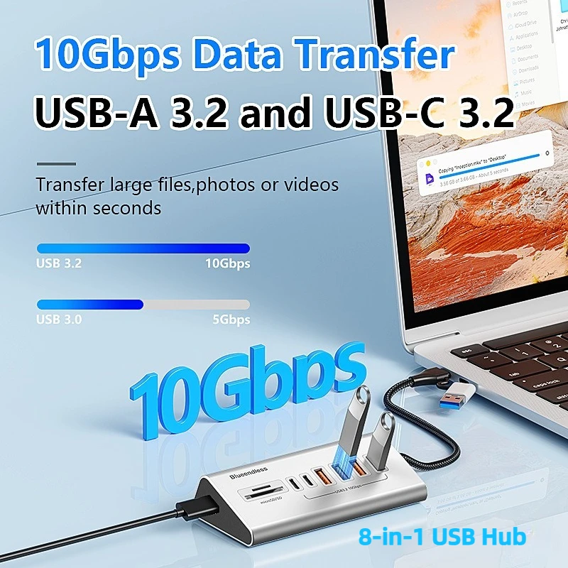 

8-in-1 USB 3.2 SD TF Docking Station Laptop USB C Hub 10Gbps Multi Ports Type C Splitter Aluminum Alloy with Card Reader for PC