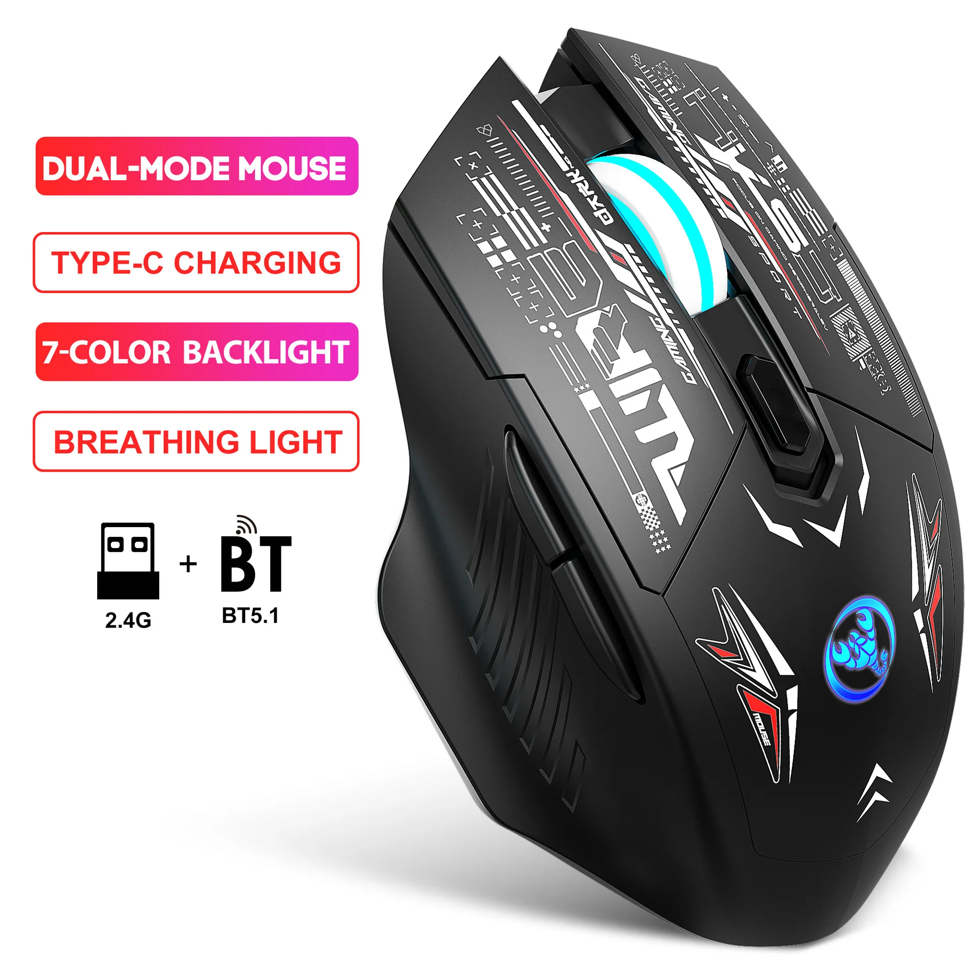 HXSJ T38 Wireless Gaming Mice Dual-Mode Bluetooth 5.1 Support PC Games Rechargeable Noiseless Mouse Cool Colorful Lights