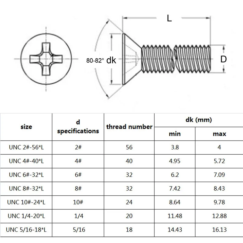 Aço inoxidável Phillips Parafuso de cabeça escareada plana, UNF 1/4-20, 10 #-32 US Rosca grossa, 304 A2-70, Cross Recess, 10Pcs