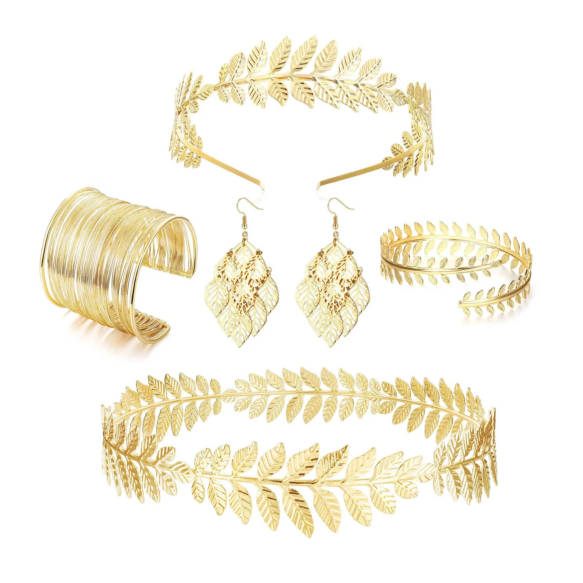 5 pieces of Greece goddess costume accessory set for ladies gold bay leaf crown headband armband loop bracelet leaf lobe earrin