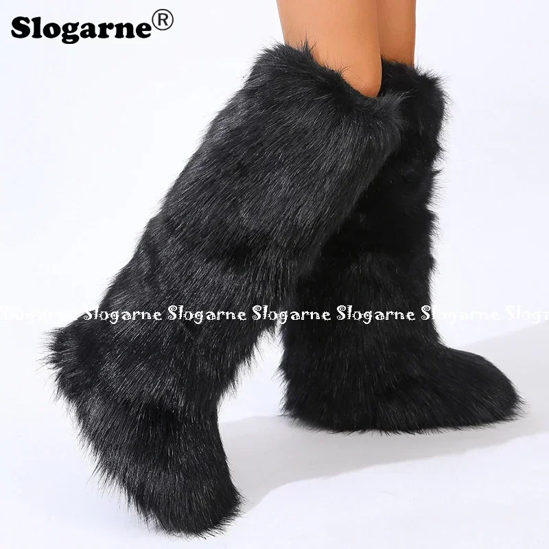 

2024 Women Winter Thigh High Fluffy Boots Ladies Furry Faux Fox Fur Long Warm Shoes girls New Designer Plush Knee High Fur Boots