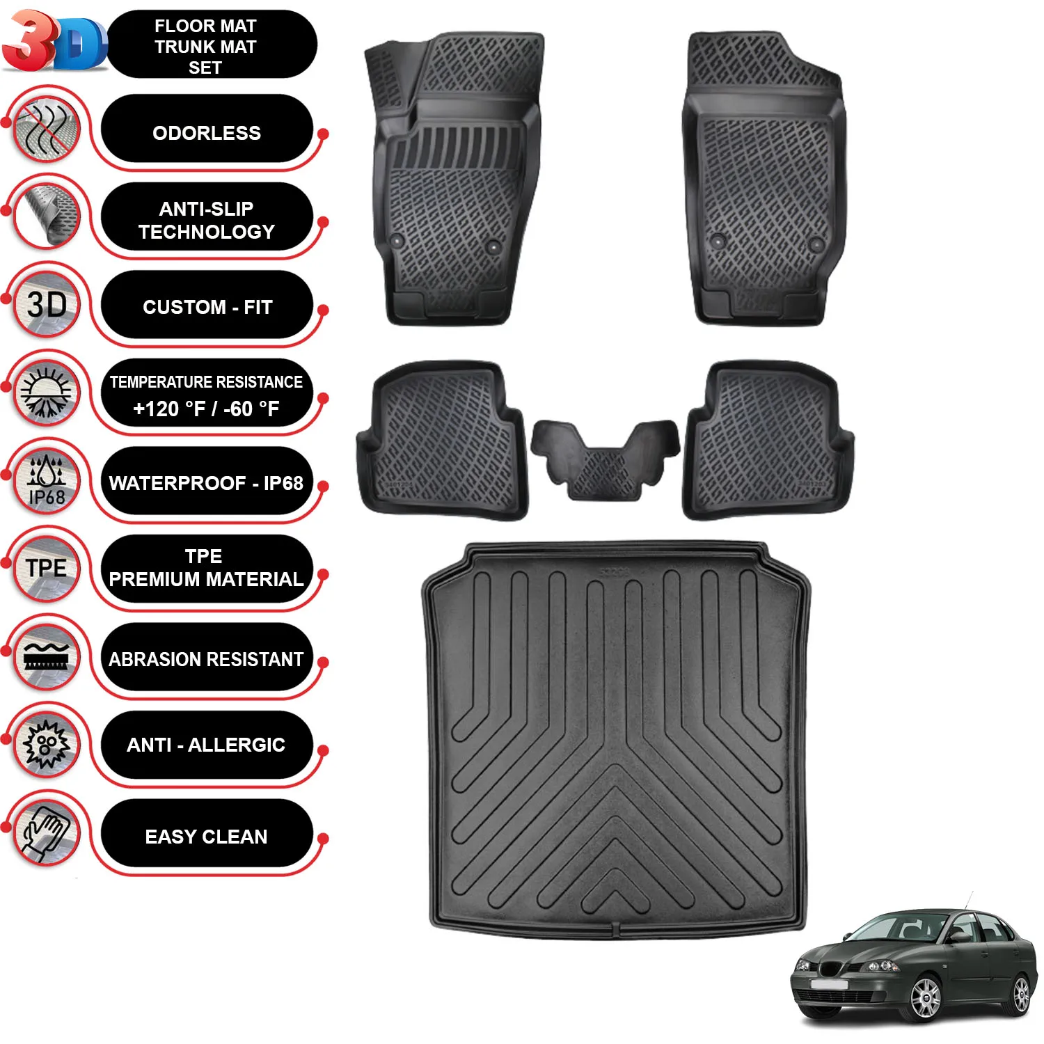 Seat Cordoba - (2001-2009) - Floor Mats + Cargo Trunk Liner - SET - (Black)