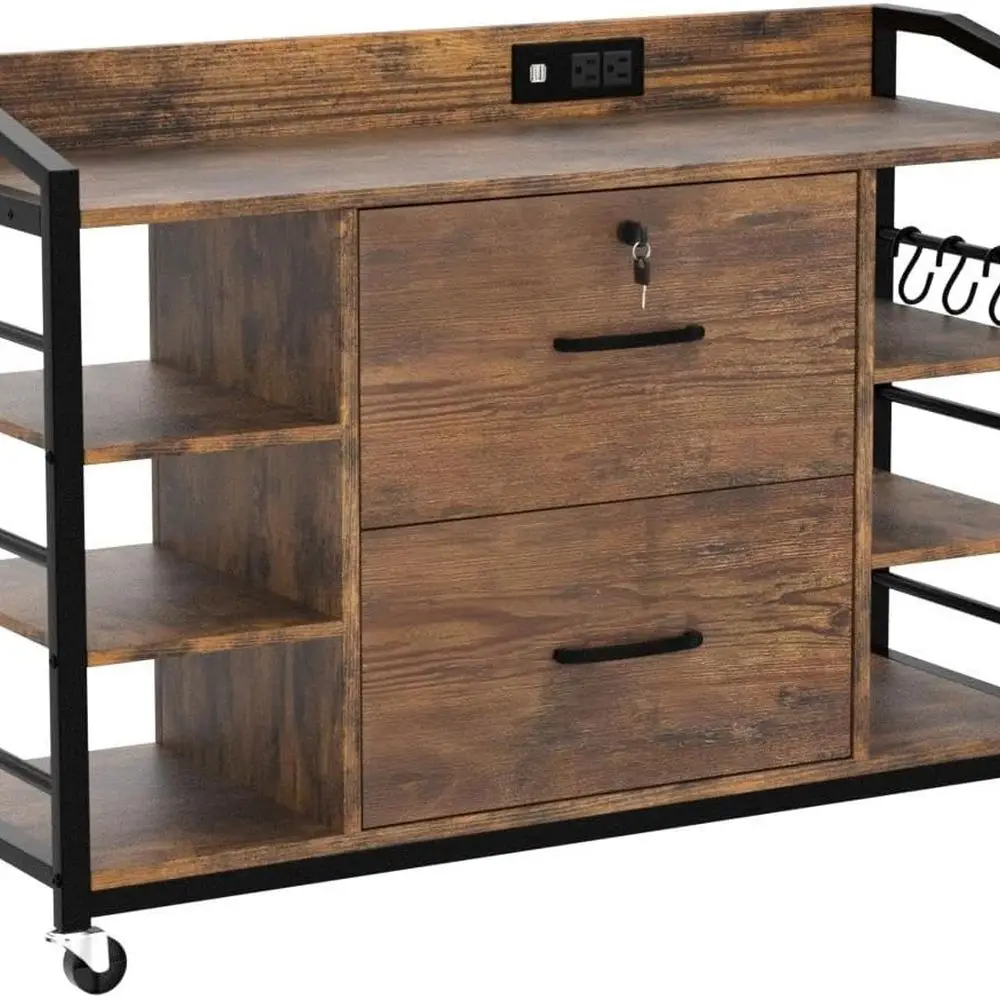 خزانة 44 بوصة مع درجين، قابلة للقفل، تخزين المكاتب المنزلية، شريط طاقة، 6 أرفف، بني ريفي #5