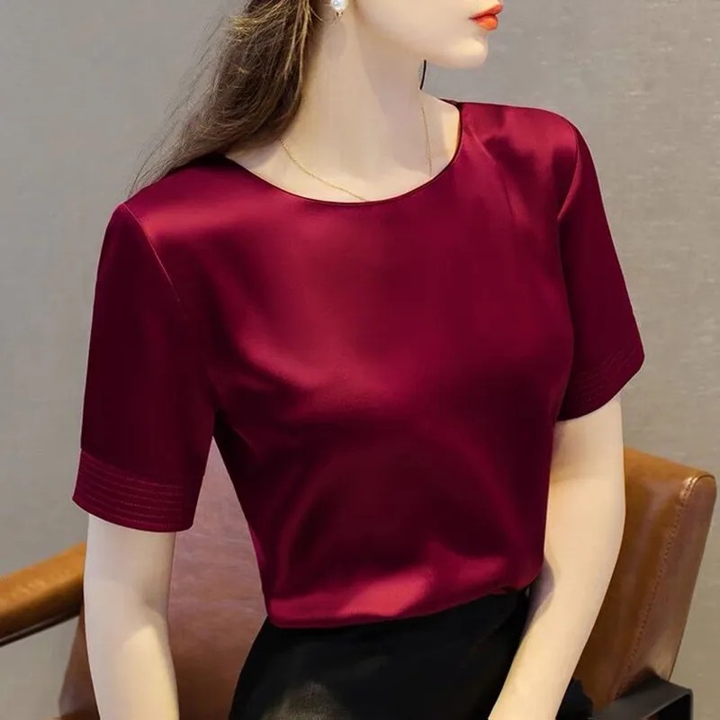2024 Summer Korean claret Tops Spring Acetate Satin Tees Women High Quality Ladies casual elegant silk satin blouse 10 colors