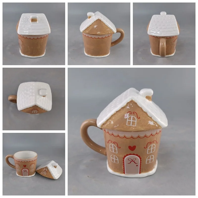 Ceramic Gingerbread House Mug 3D, Relief Lid Coffee Tea Cup, Christmas Hand Painted Kitchen Home, Decor Gift For Kids Adults