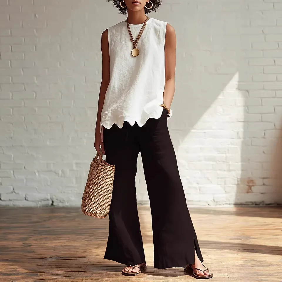 

2026 Summer Linen Womens Clothing Fashion Sleeveless Irregular Hem Loose O-Neck Vest Top Casual Elegant Femme Blouse Lady Blusas