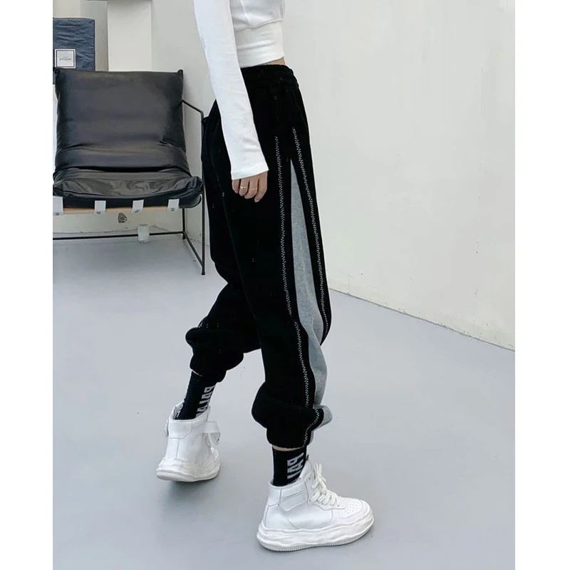 2023 Autumn Winter Women Korean Fashion Contrast Color Sports Joggers Baggy Harem Pants Casual Streetwear Fleece Warm Sweatpants