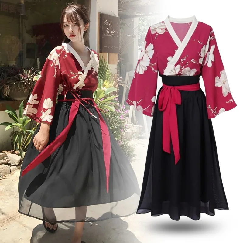 Lolita Kimono Girls Cosplay Anime Oriental Costume Japanese Korean Red Print Ancient Asian Dress Women Hanfu Photography Clothes