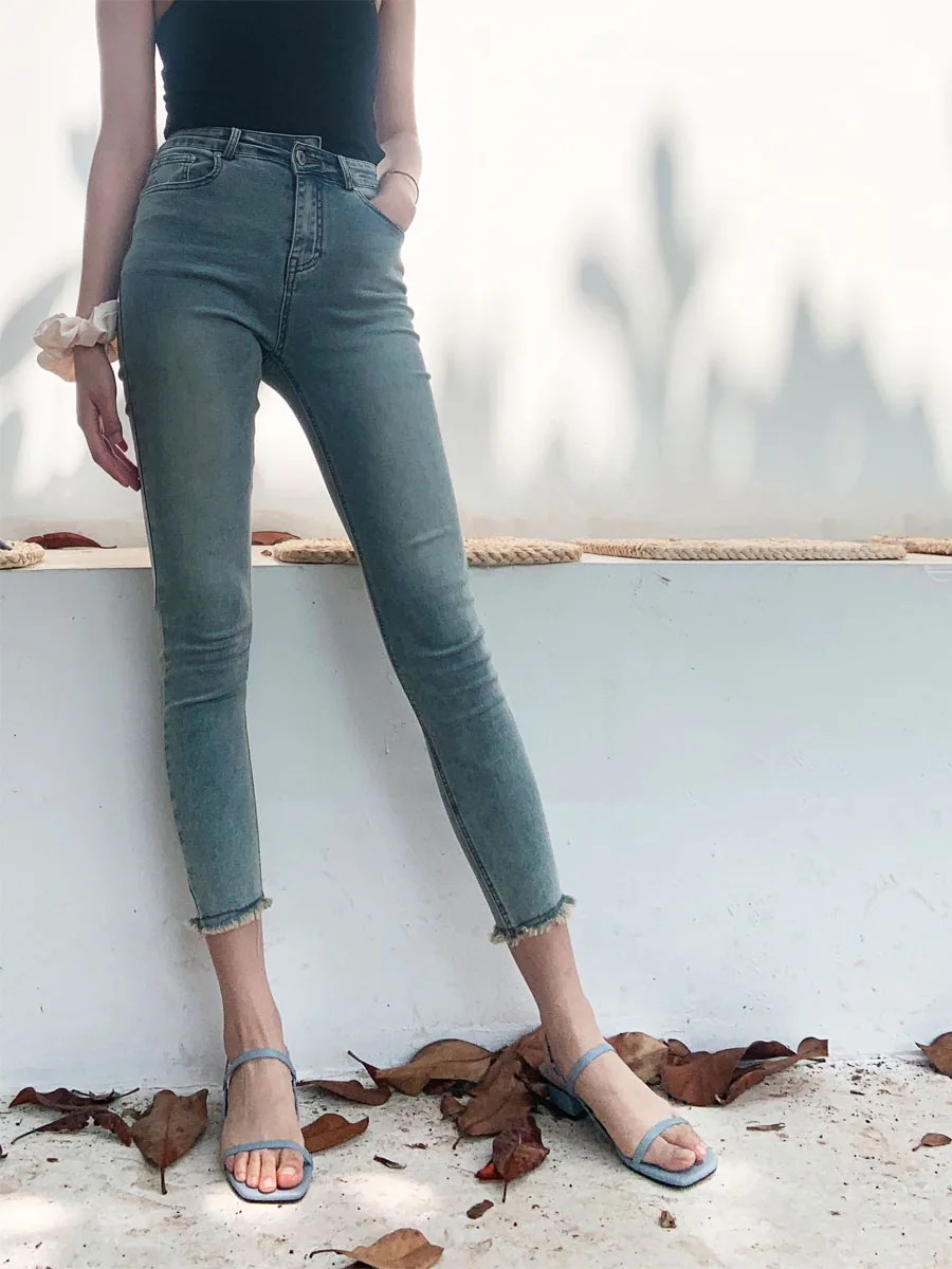 

Женские джинсы с высокой талией, эластичные, облегающие, из хлопковой стрейч-ткани, укороченные, весна-лето