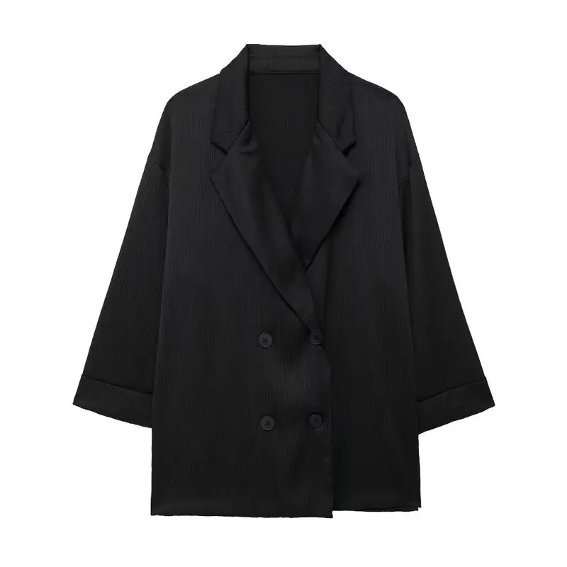 Summer 2024 Women's Loose Versatile Wrinkle Effect Double Button Suit Jacket Fashionable Long Sleeve Button up Two Piece Set