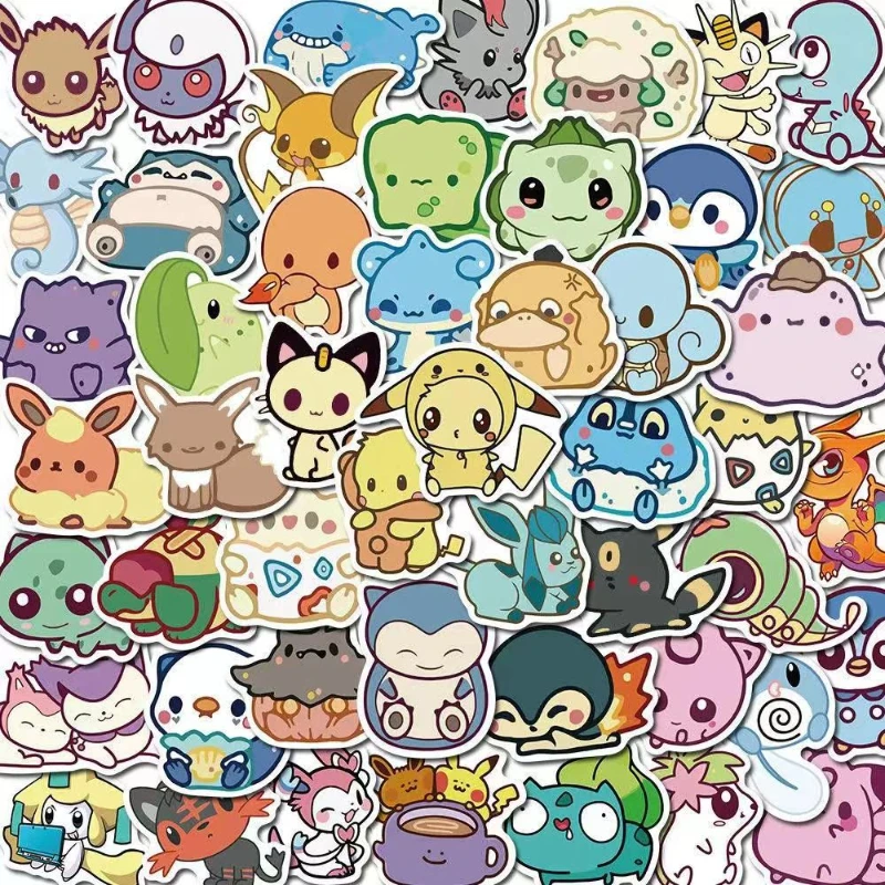 50pcs Q Pokemon Sticker Pack Cute Anime Stickers Pet Elf Stickers Cute Laptop Skin Waterproof Phone Case DIY Stationery