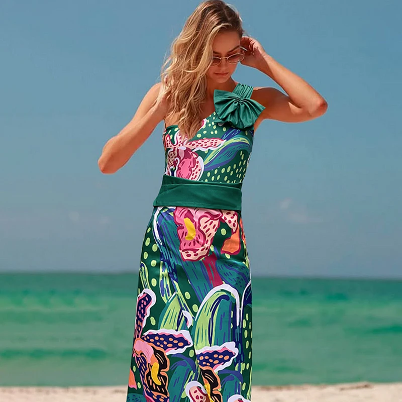 Flaxmaker 2025 New One Piece Swimsuit Sexy Women Printed One Shoulder Swimwear Women Beach Cover Up Bathing Suit Beachwear