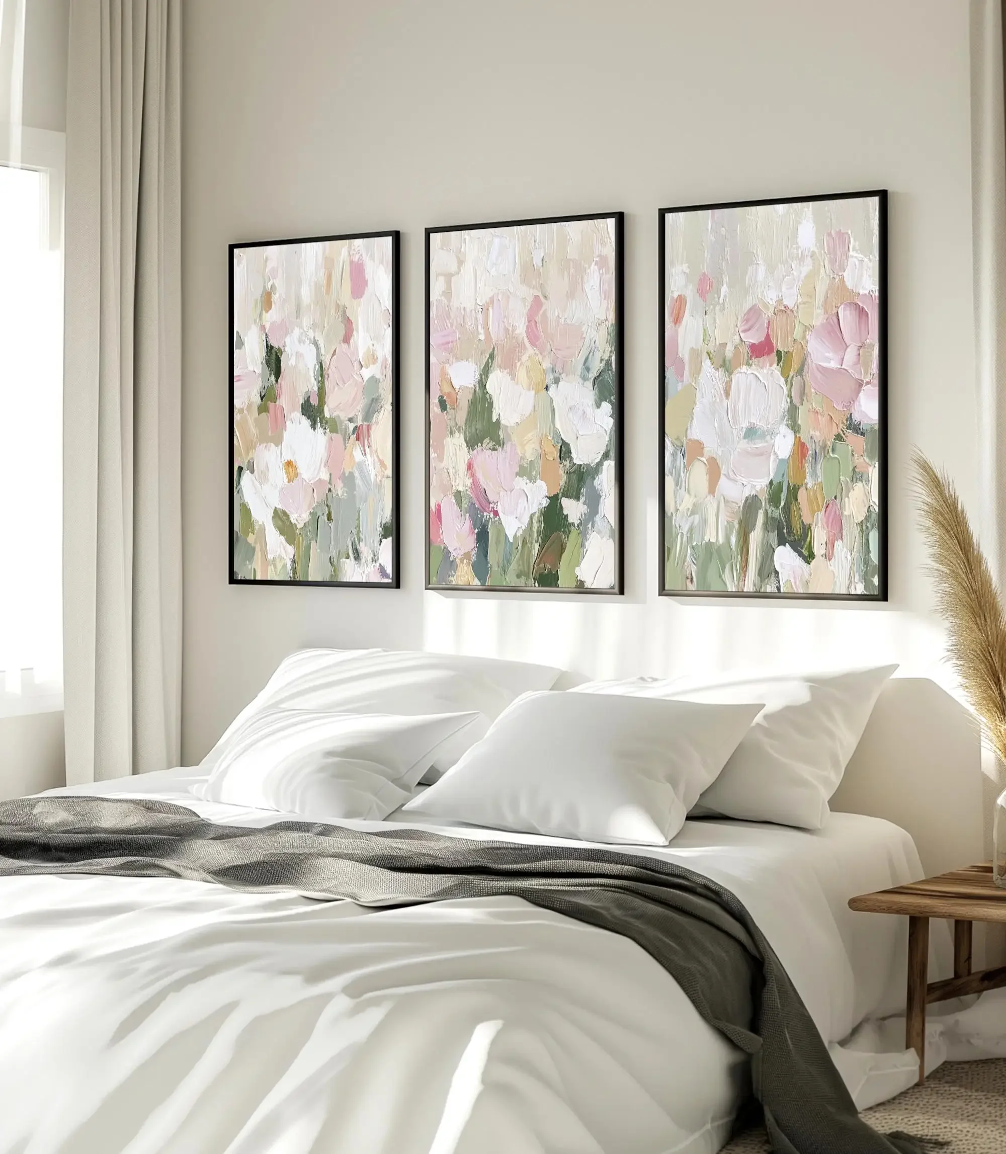 Large-sized frameless  Impasto Textured Abstract Floral Wall Art Set, Soft Pink White Neutral Palette Knife Canvas Print