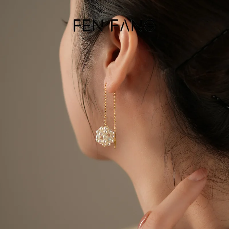 Handmade Long Bead Pearl Earrings, Simple Embroidered Ball Design