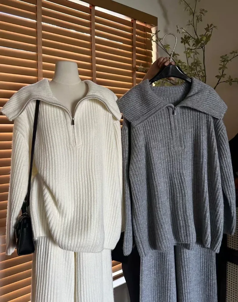 Casual Loose Collar Half Zipper Knitted Sweater+Elastic Waist Wide Leg Pants Set Autumn/Winter Women's Sets New Fashion Suit
