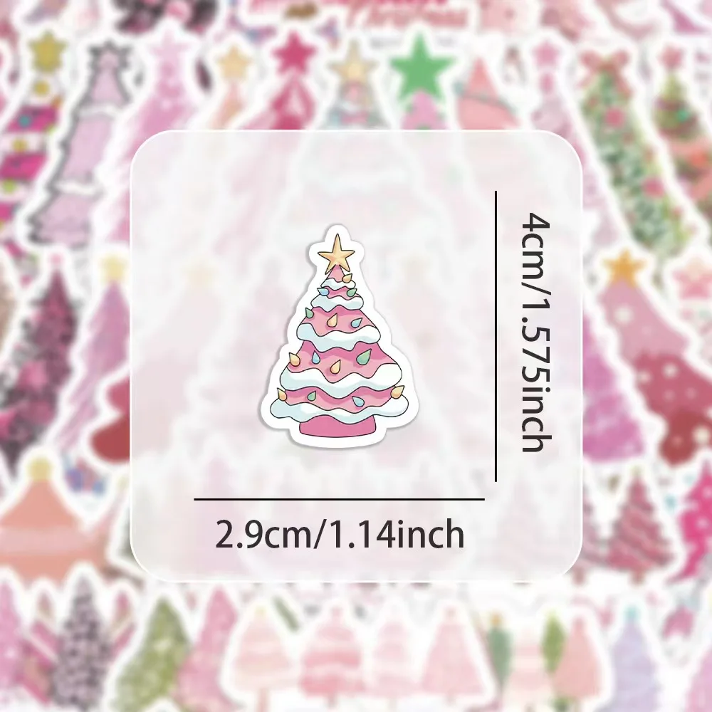 Pink Christmas Tree Stickers Set, 60pcs Mini Stickers Set Waterproof, Gift Box Wall Luggage Stationery Decoration,Children DIY