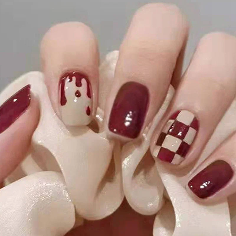

24Pcs Fake Nails With Jelly Glue Chinese Style Wine Red Short Almond Ahaped Nail Press Can Be Worn With Round Headed Oval Tips