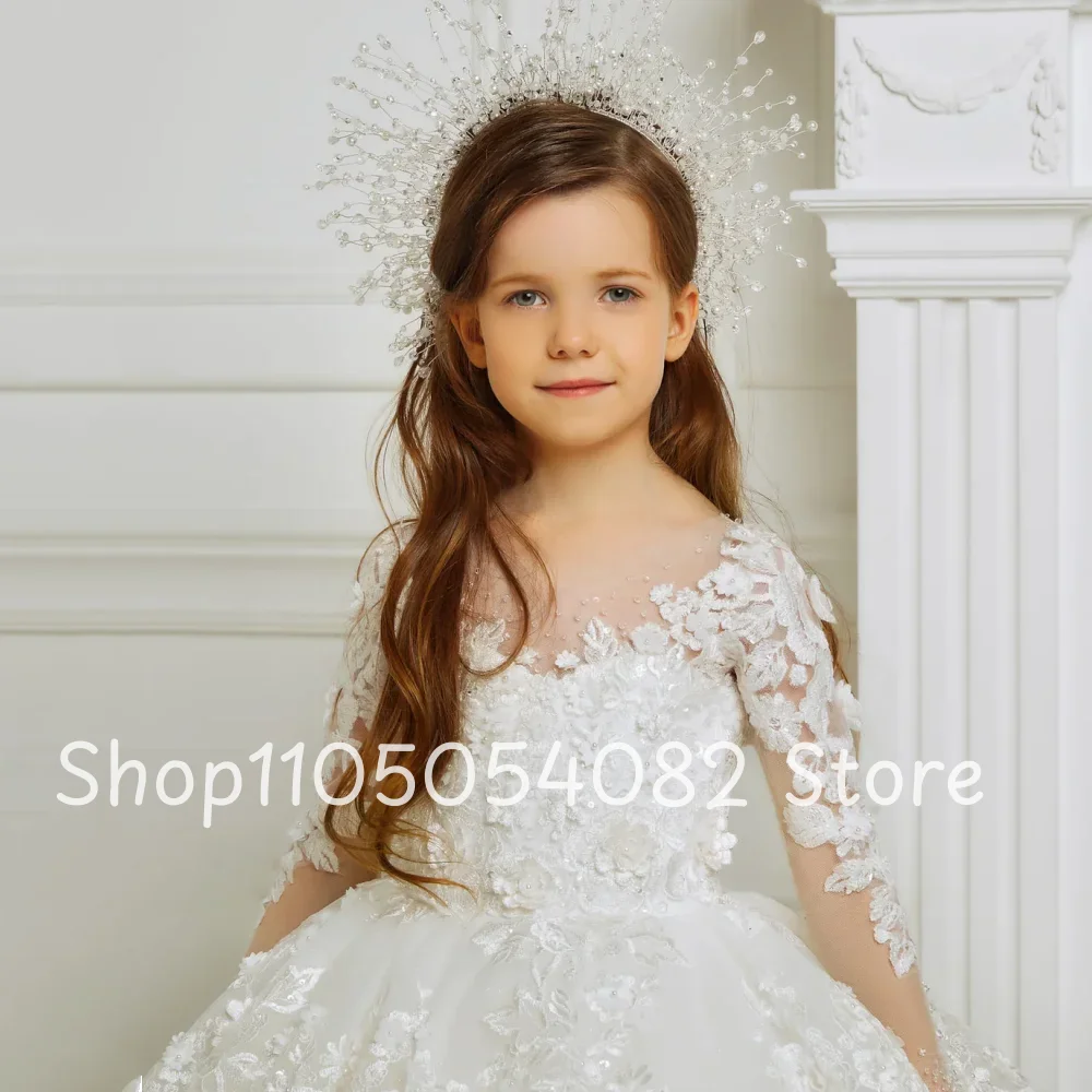 Customized White Floral Elegant Wedding Flower Girl Dress Round Neck Long Sleeve Beaded Applique Wedding Flower Gril Dress