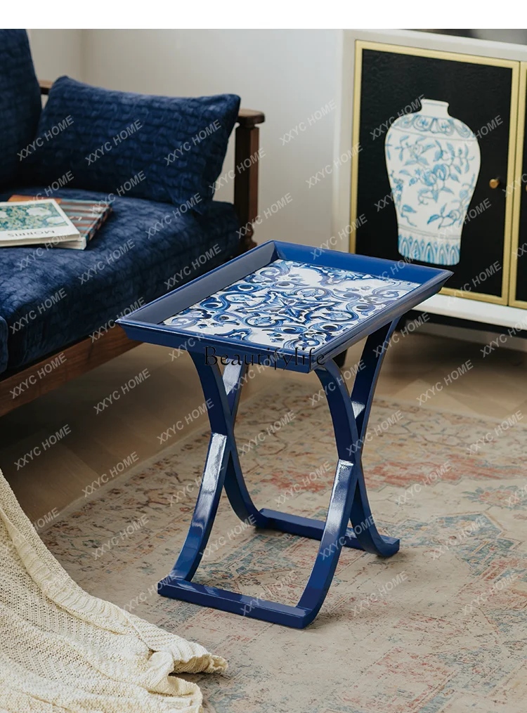 HPainted square table retro blue printing living room coffee table