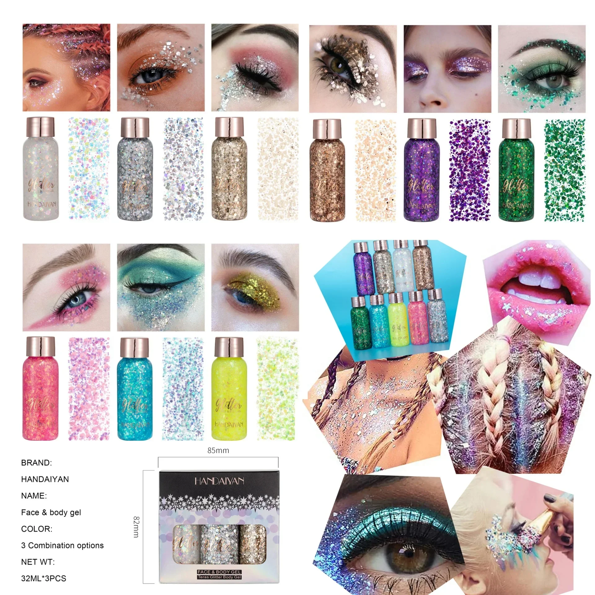 HANDAIYAN Paillettes Trucco Glitter Viso e Corpo Gel Capelli e Unghie Gel Art Glitter Gel Spettacolo Teatrale Paillettes Ombretto Trucco