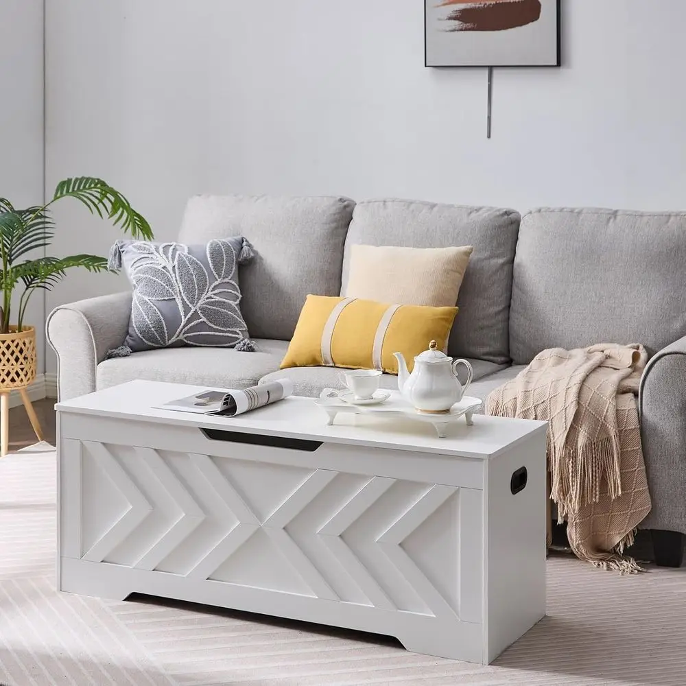 مقعد تخزين خشبي كبير مع مفصلات أمان، مثالي للمدخل وغرفة النوم وغرفة المعيشة، باللون الأبيض