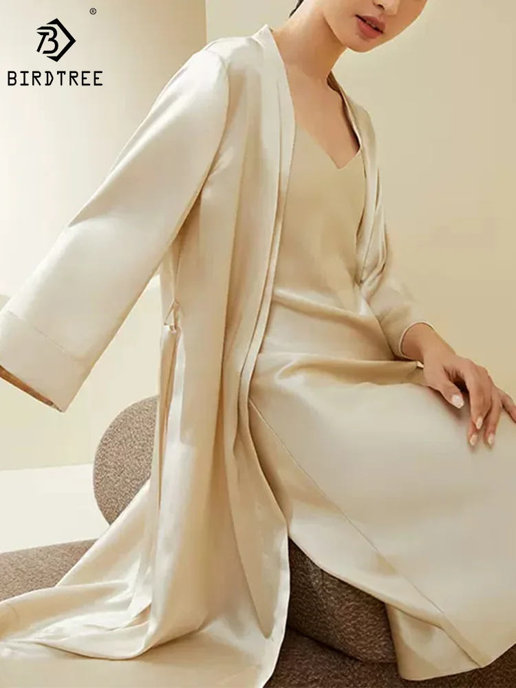 

Женский пижамный комплект BirdTree из 100% шелка 19 мм, однотонный шелковистый ночной халат, дышащая домашняя одежда, весна 2024 года S41930QM