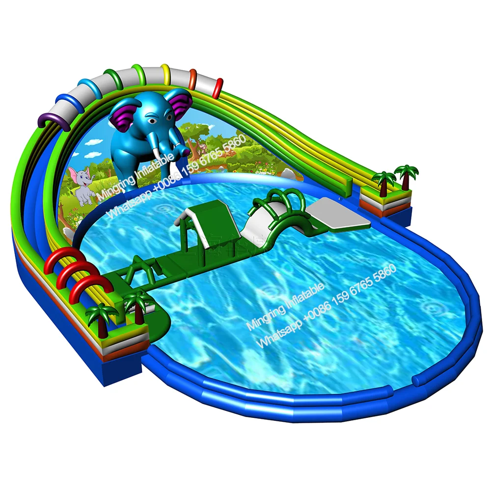

Commercial Mobile Giant Inflatable Ground Elephant Water Park, Onland Water Slide with Swimming Pool