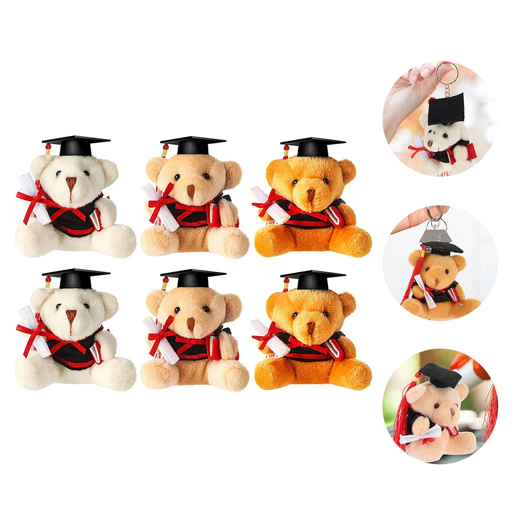 6 Pcs Plush Graduation Bear Baby Stuffed Animal Keychain Schoolbag Pendants Cartoon Student Memorial Gift