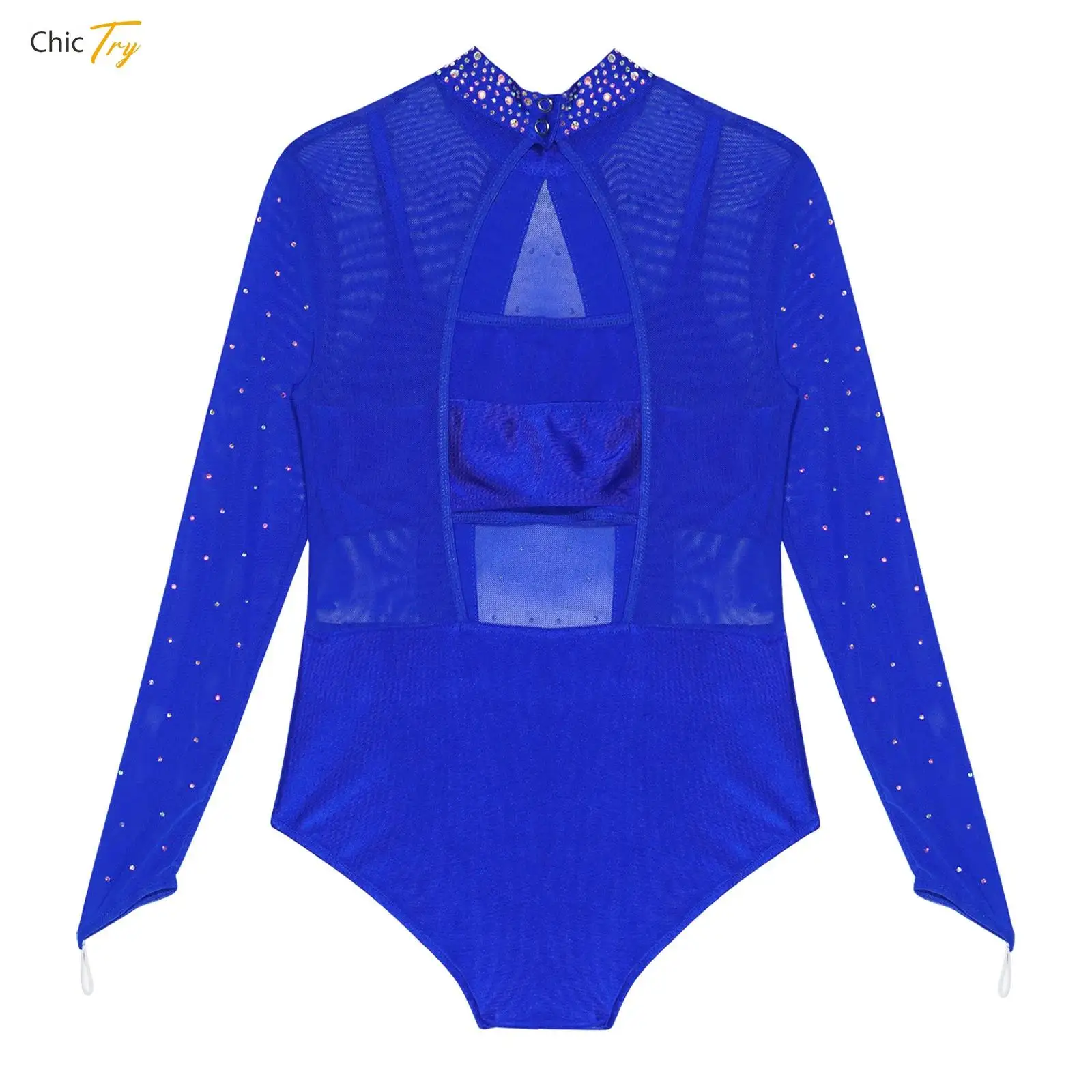 

Kids Girls Gymnastics Ballet Leotard Figure Skating Jumpsuit Long Sleeves Rhinestones Sheer Mesh Bodice Bodysuit with Camisole