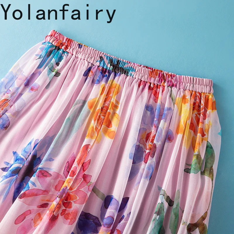 YOLANFAIRY 100%Real Mulberry Silk Skirts for Women Summer Floral Colorful Skirts Woman Clothes High Waist Elegant Umbrella Skirt