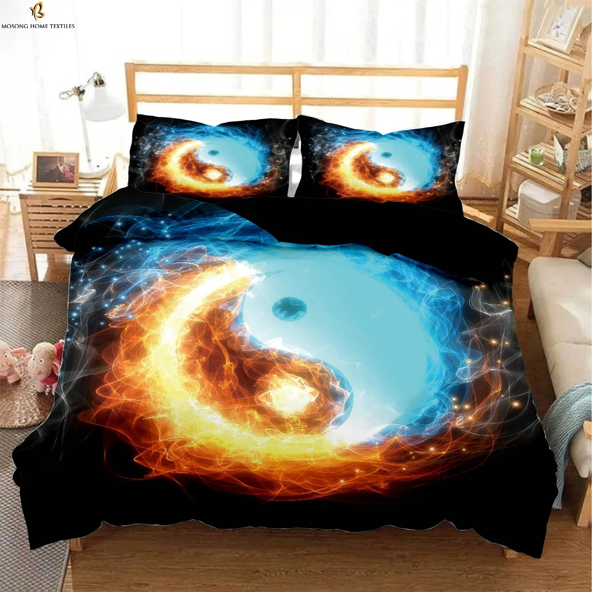 Water and Fire Tai Chi Printed Quilt Cover Bedding Textile Quilt Cover Pillowcase Three-piece Set Machine Washable