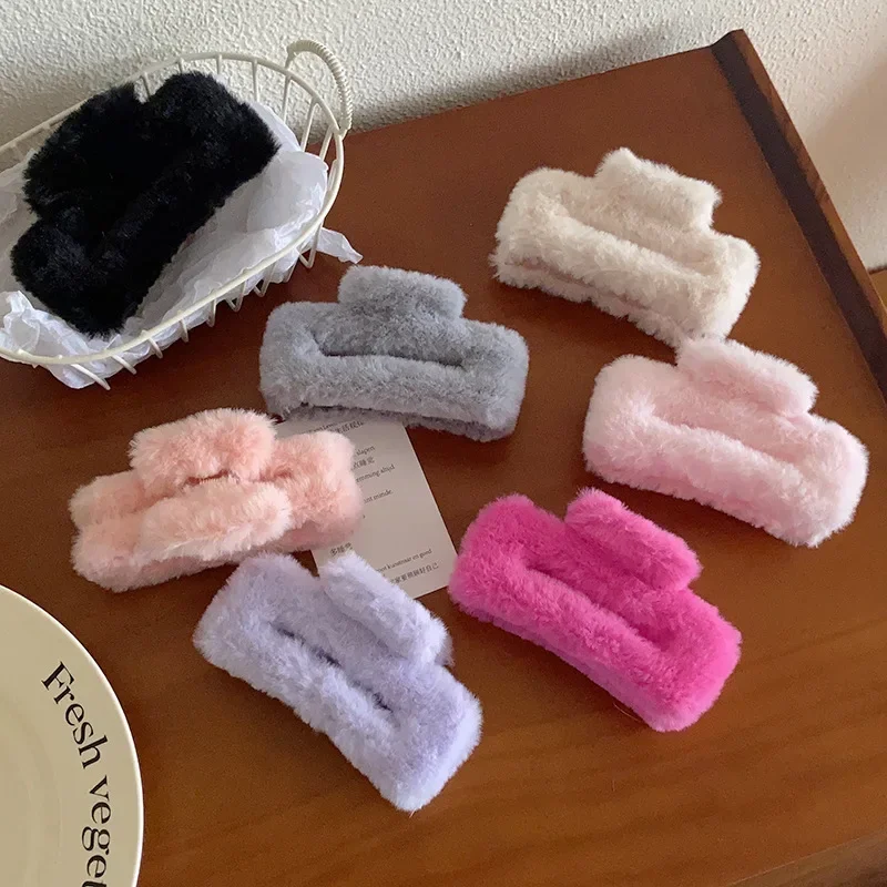 Colorful Large Plush Rectangular Grab Clip for Women Girl Curly Hair Clip Shark Hair Clip Claw