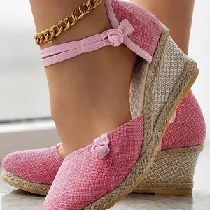 Sandálias Mulheres Trançado Alpercatas Nó Botão Alça Do Tornozelo Cunha Sandálias De Linho Cunha Verão 6cm Salto Plataforma Alpercatas Sapatos 6 principais vendas alpercatas senhora salto cunha - №5