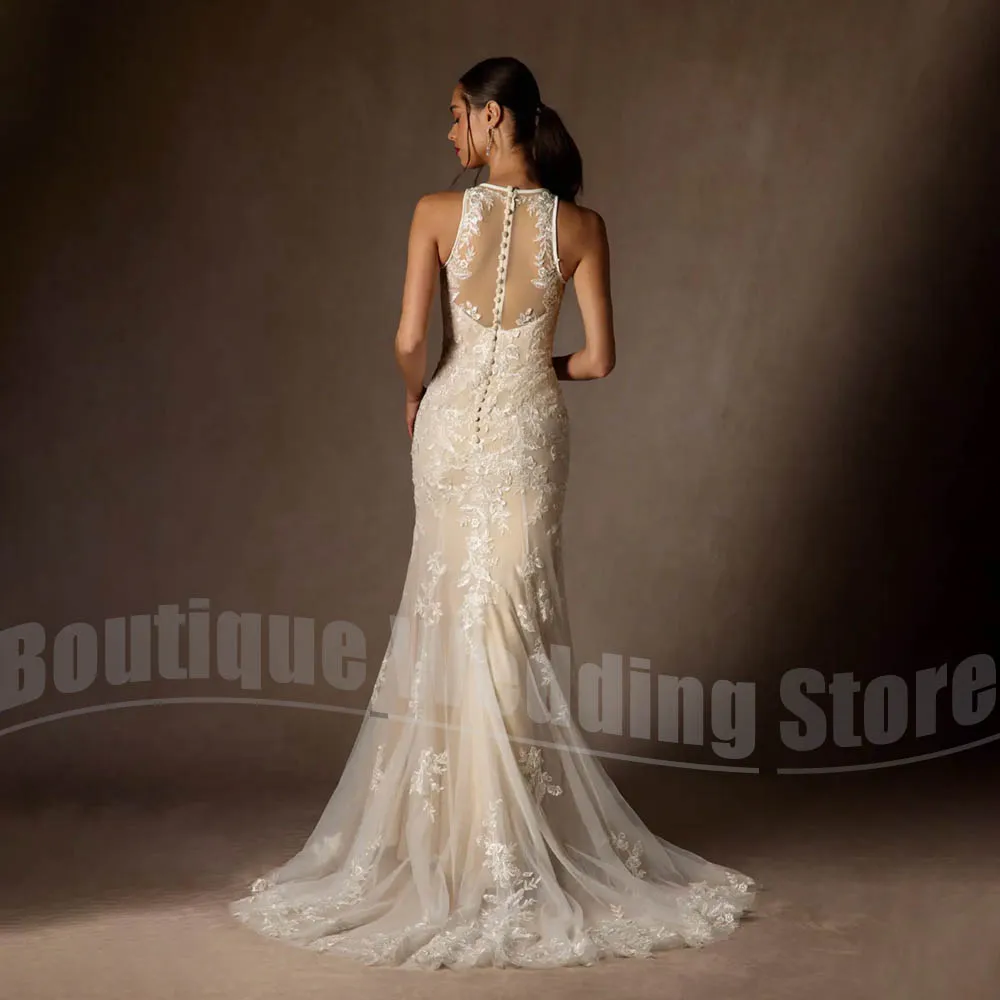 Elegante kanten trouwjurk voor dames, halterhals, applicaties, zeemeerminjurk, mode, tule, sweeptrein, bruidsjurk voor bruiloft