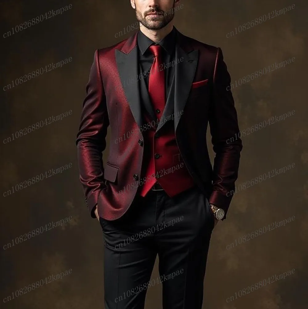 

Burgundy And Black Formal Men Suit Groom Groomsman Wedding Party Prom Business Male Tuxedos 3 Piece Set Blazer Vest Pants