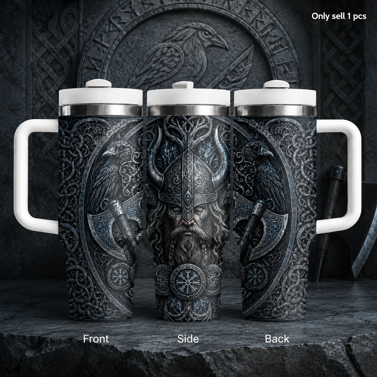 Legendary V-Viking Raven Warrior Vacuum Flasks 40oz Stainless Steel Insulated Tumbler With Handle & Straw Leakproof Travel Mug