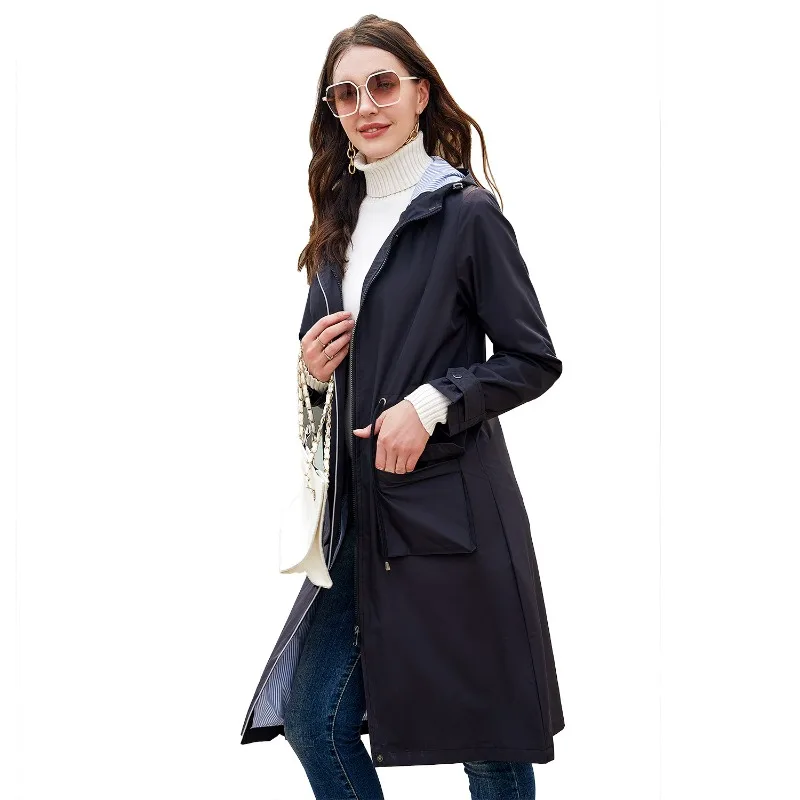 New Womens Casual Trench Coat Spring and Autumn Long Windproof Outerwear Fashionable Women's Hooded Striped Rib Parker Overcoat