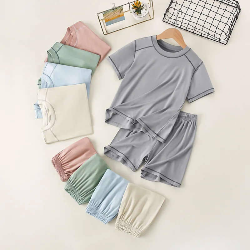 Children's Sleepwear Two-piece Set Boys' Home Clothes Girls' Short Sleeved Shorts Ice Silk Air-conditioned Clothes Baby Clothing