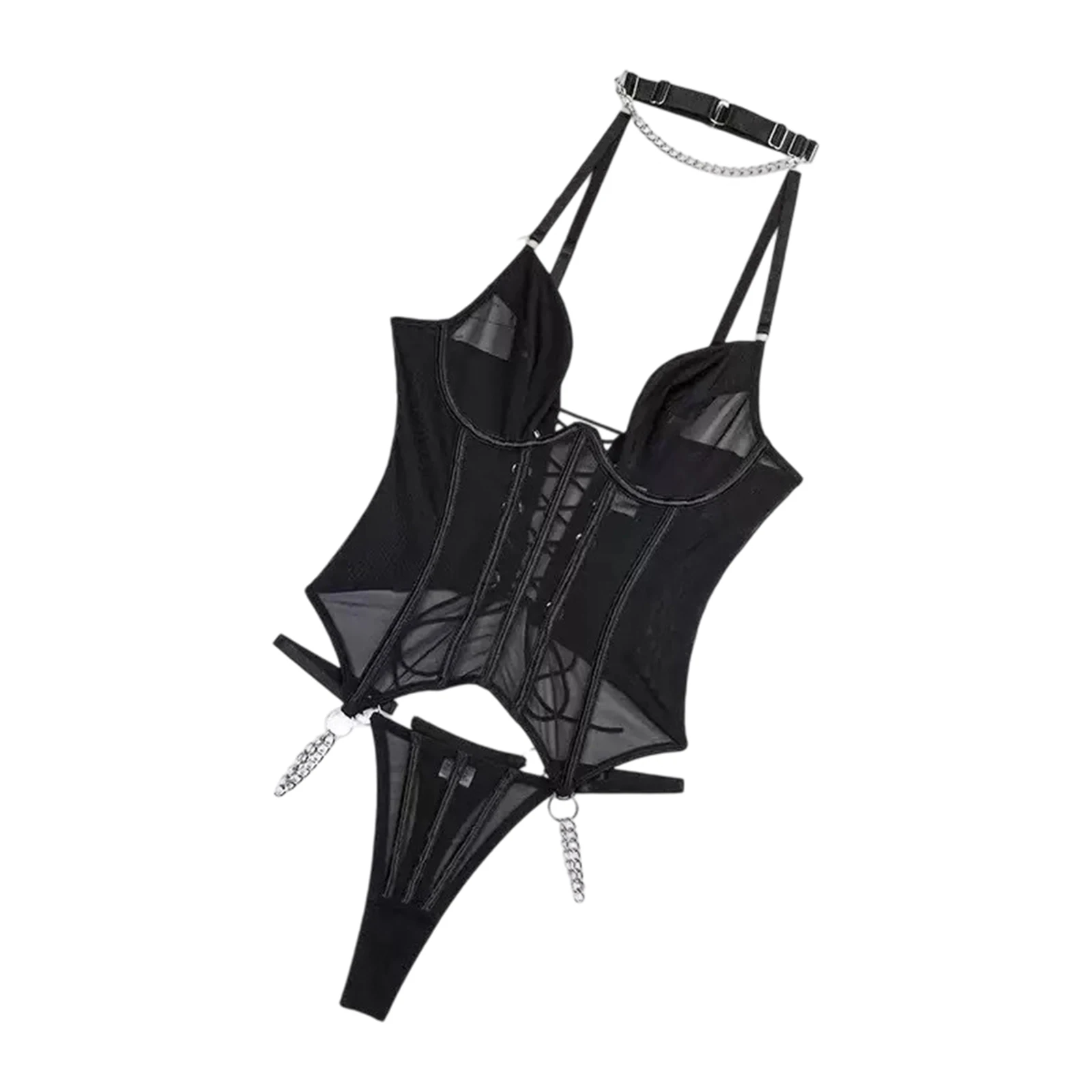 

Women s Mesh Lingerie Set Cute Solid Color Backless Chain Tops with Thong and Collar 3Pcs Sleepwear