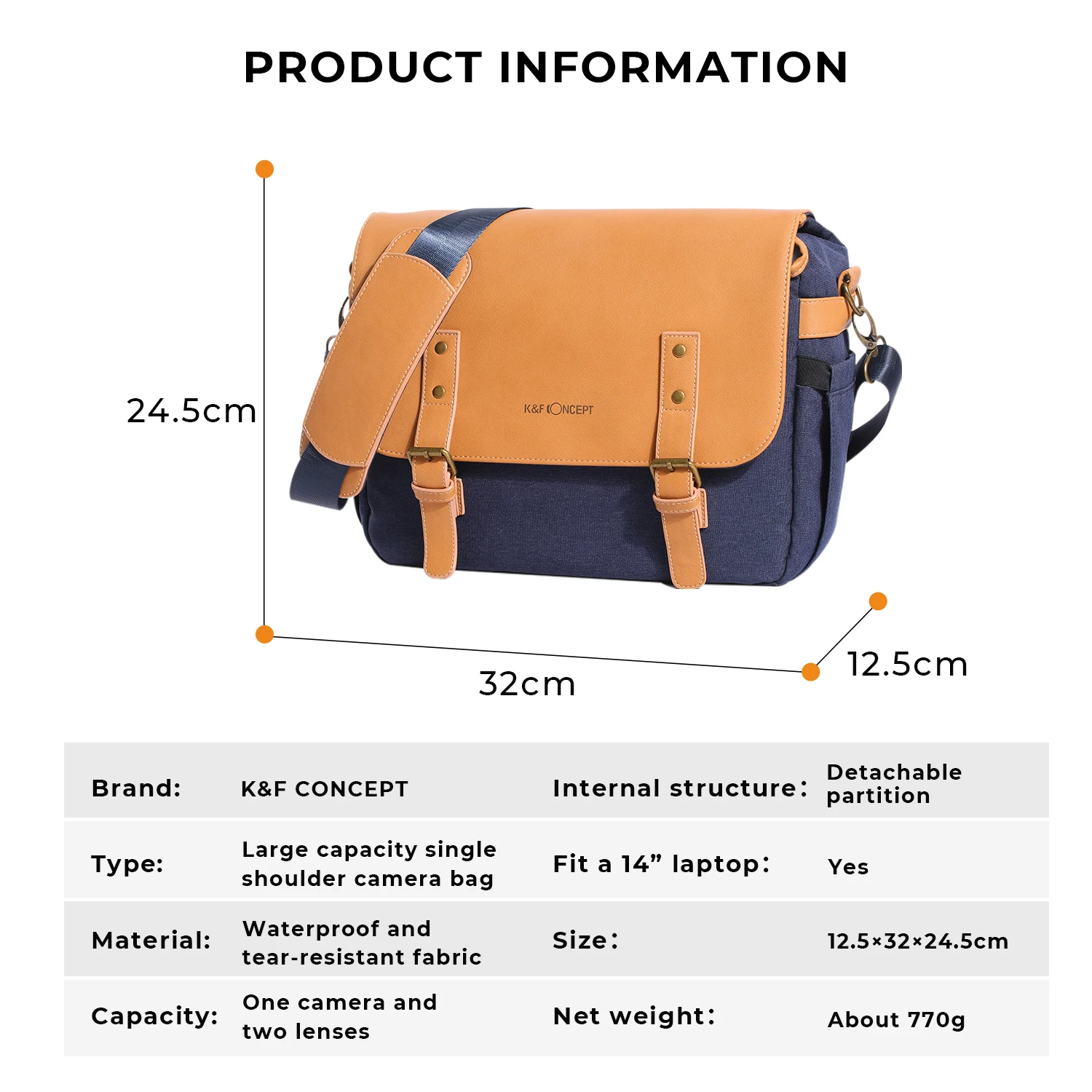 K&F Concept Camera Shoulder Bag PU leather Crossbody Travel Camera Sling Bags for Sony Canon DSLR Camera Case fit 14 inch Laptop