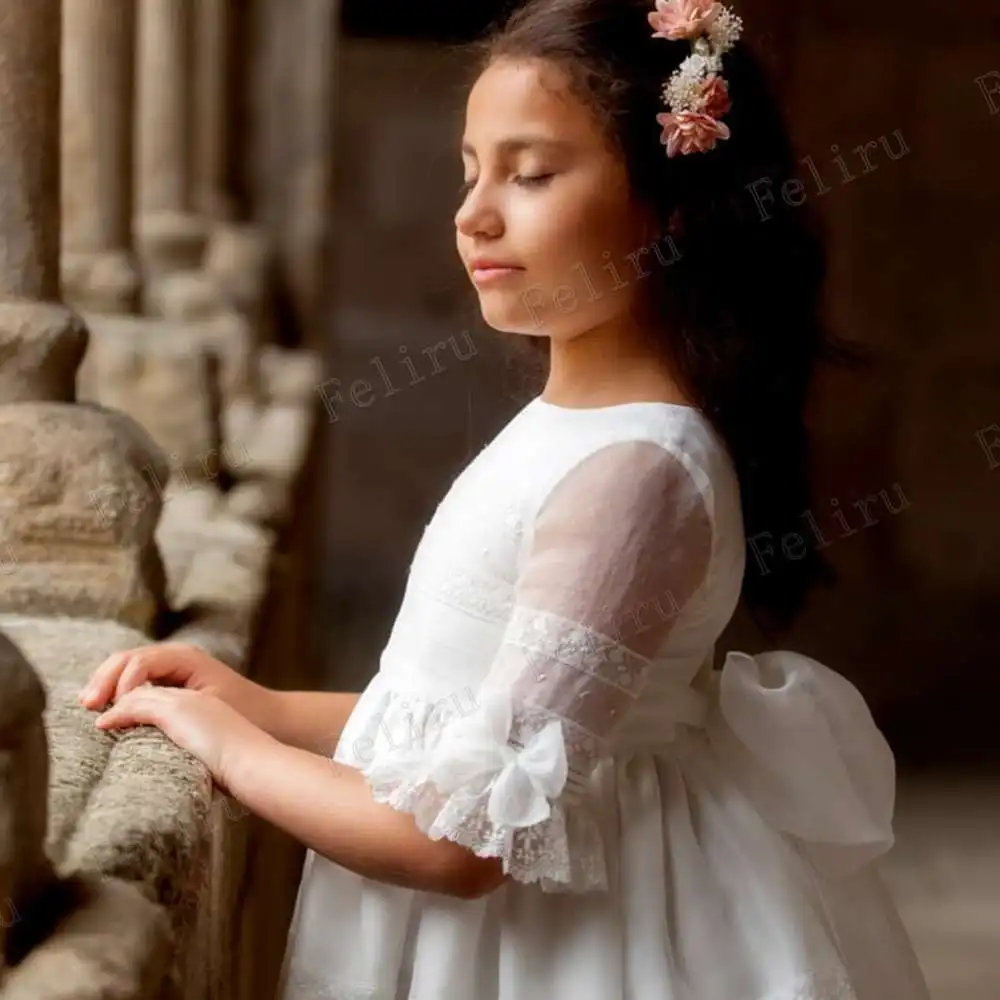 Vestidos de comunión para niña, falda de princesa Vintage blanca, encaje Floral, Bridemini, vestidos de dama de honor para bebé, boda, vestido de fiesta de línea a